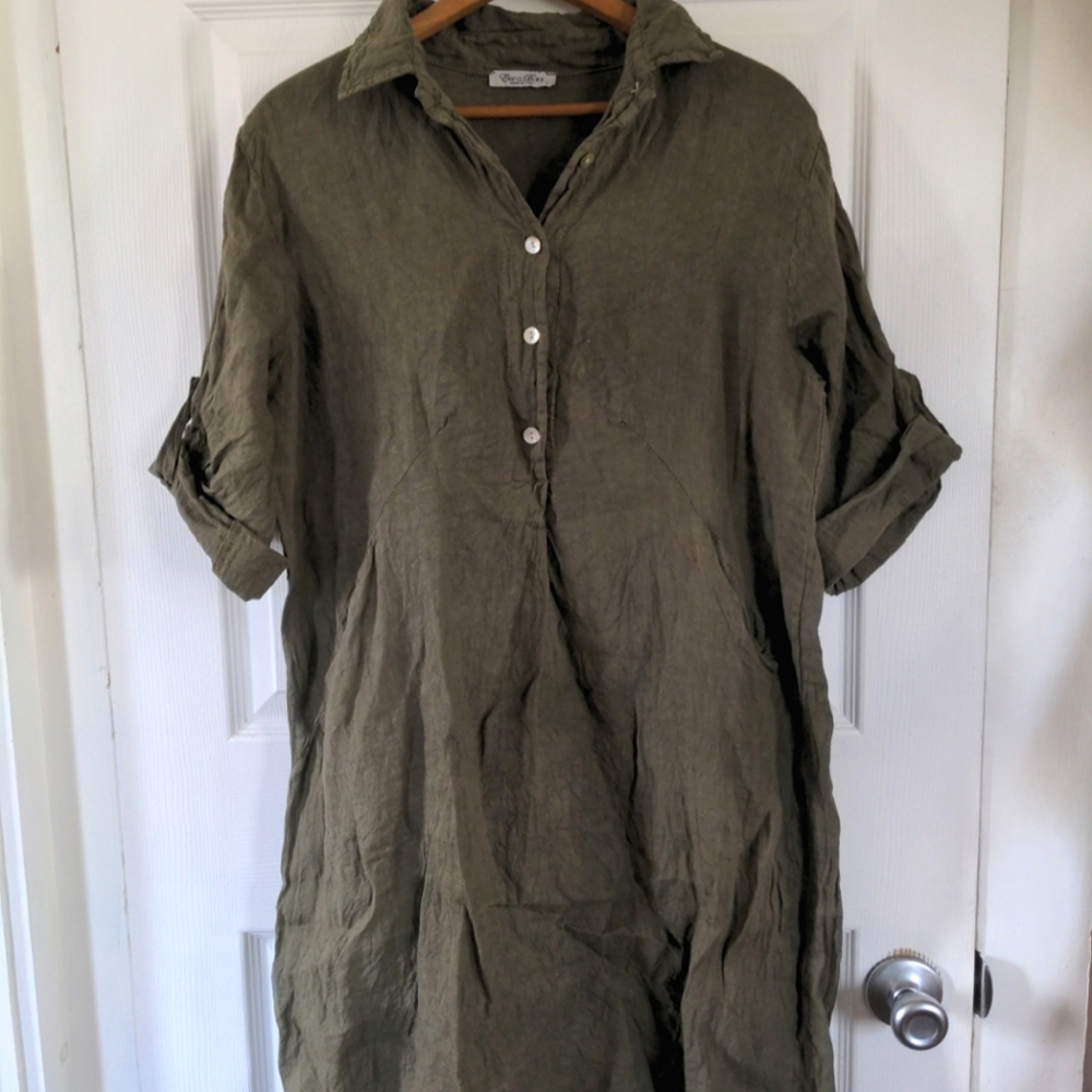 Elena Baldi Italy Linen Green Collared Shift Tee Dress Button Up Large